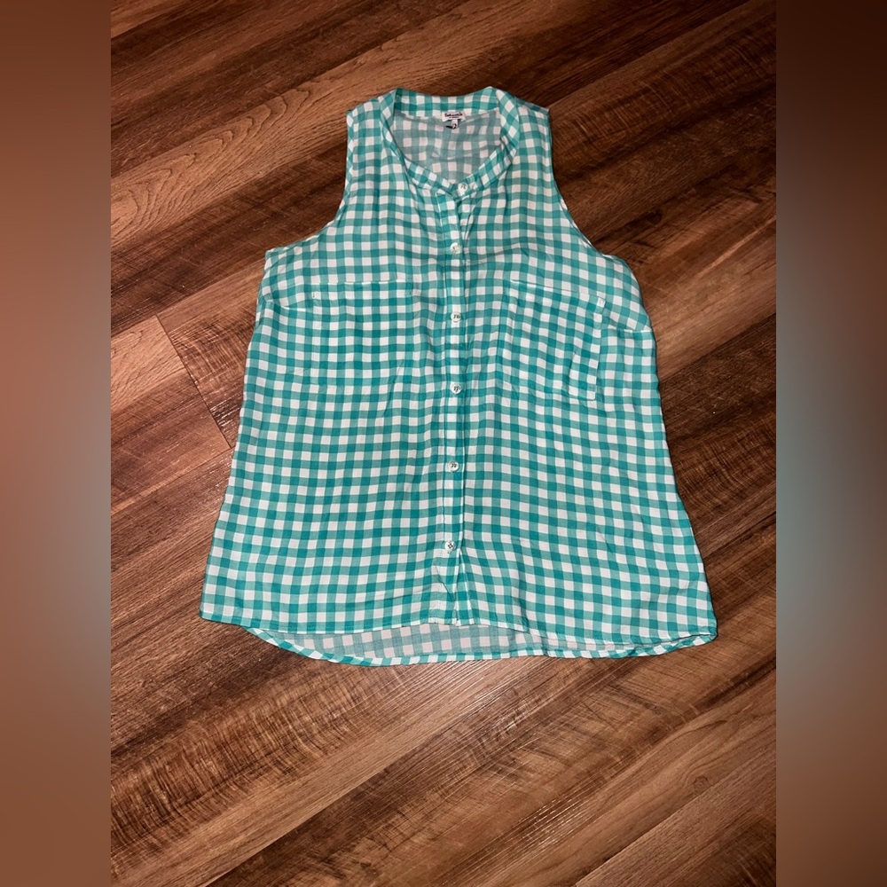 Splendid Green Gingham Checkered Sleeveless Buttom-Up Top